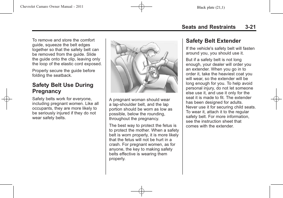 Safety belt use during pregnancy, Safety belt extender | CHEVROLET 2011 Camaro User Manual | Page 67 / 414