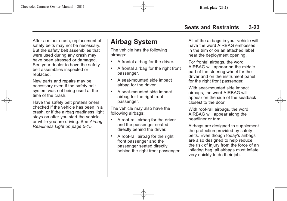 Airbag system, Seats and restraints 3-23 | CHEVROLET 2011 Camaro User Manual | Page 69 / 414