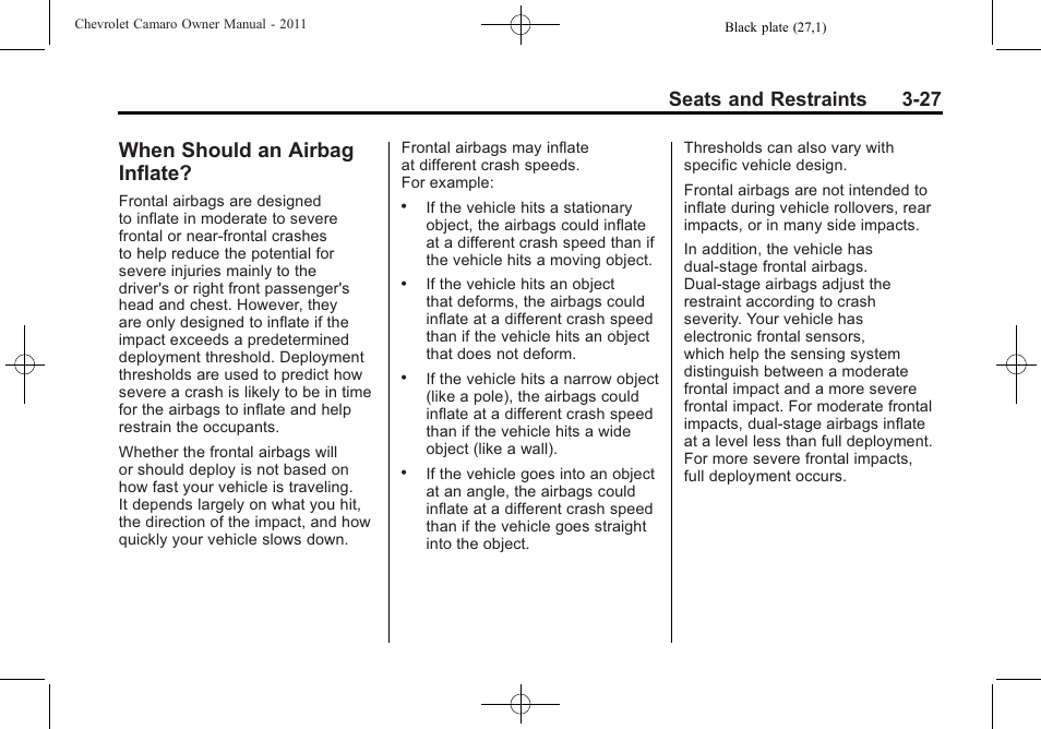 When should an airbag inflate, Seats and restraints 3-27 | CHEVROLET 2011 Camaro User Manual | Page 73 / 414