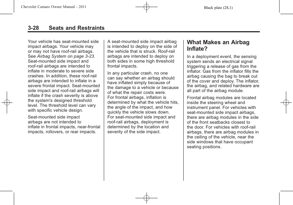 What makes an airbag inflate | CHEVROLET 2011 Camaro User Manual | Page 74 / 414