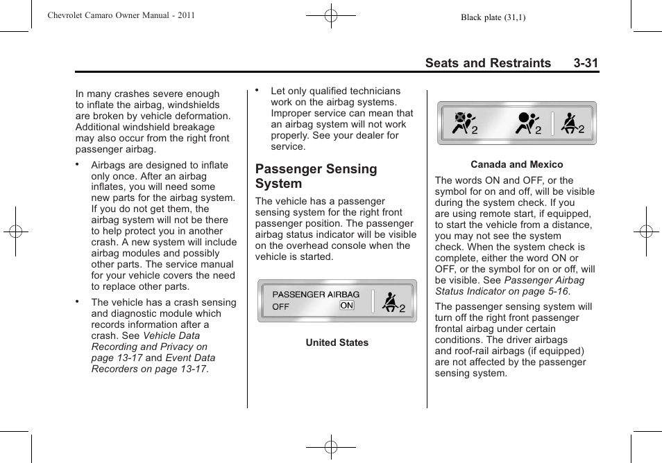 Passenger sensing system, Seats and restraints 3-31 | CHEVROLET 2011 Camaro User Manual | Page 77 / 414