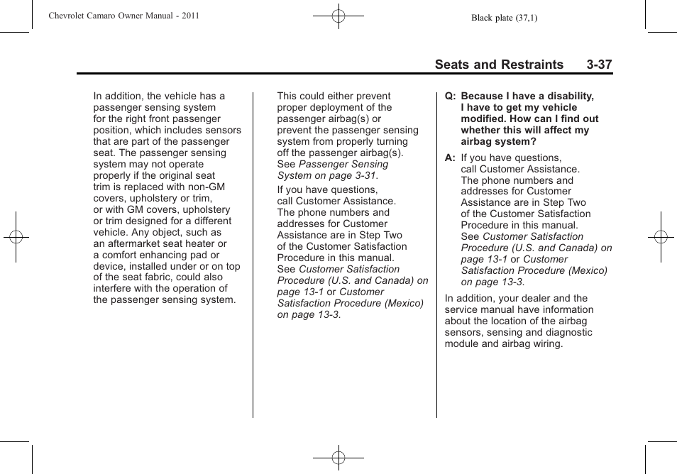 Seats and restraints 3-37 | CHEVROLET 2011 Camaro User Manual | Page 83 / 414