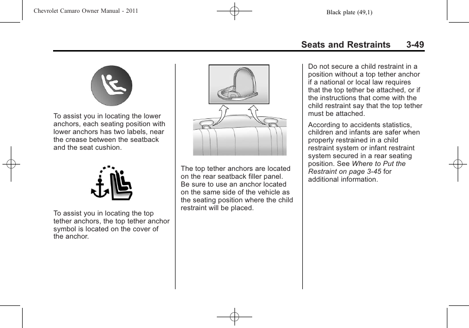 Seats and restraints 3-49 | CHEVROLET 2011 Camaro User Manual | Page 95 / 414