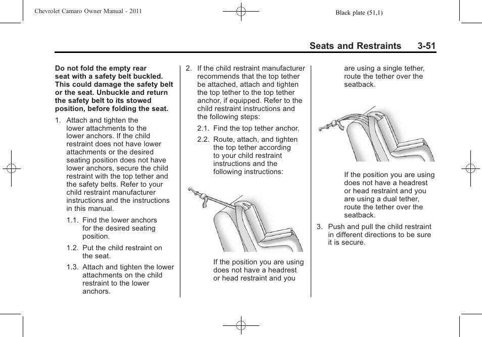 Seats and restraints 3-51 | CHEVROLET 2011 Camaro User Manual | Page 97 / 414