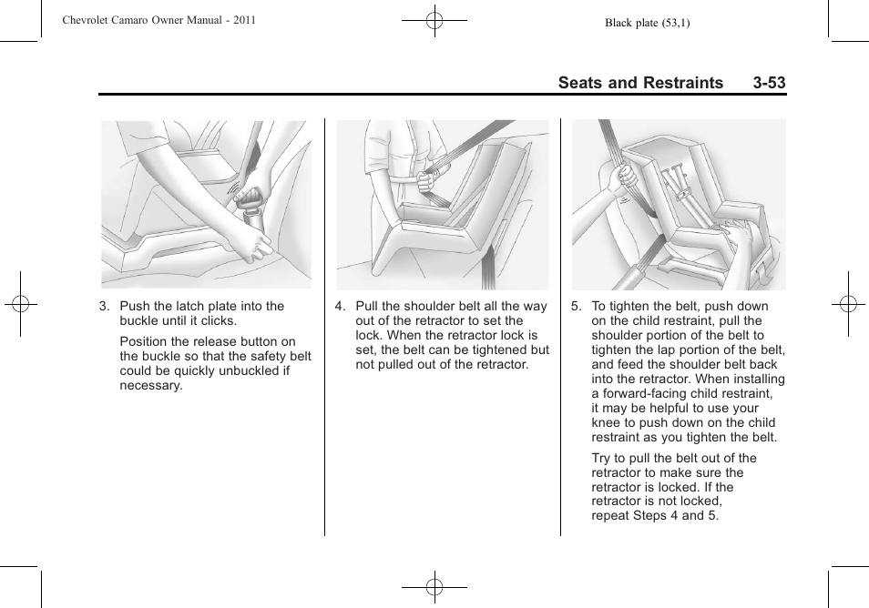 Seats and restraints 3-53 | CHEVROLET 2011 Camaro User Manual | Page 99 / 414