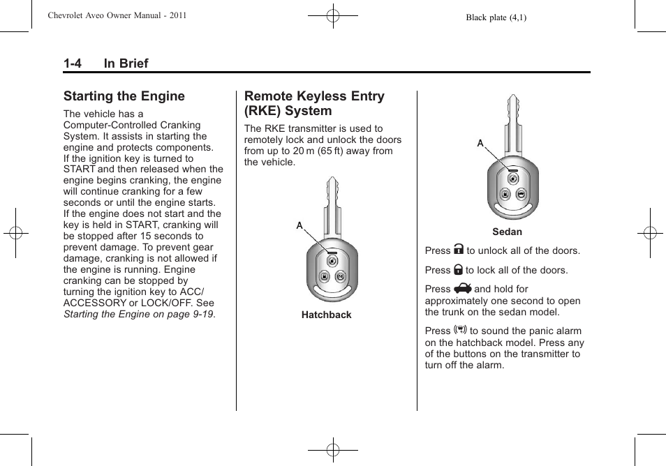 Starting the engine, Remote keyless entry (rke) system, Starting the engine -4 remote keyless entry (rke) | System -4 | CHEVROLET 2011 Aveo User Manual | Page 10 / 328