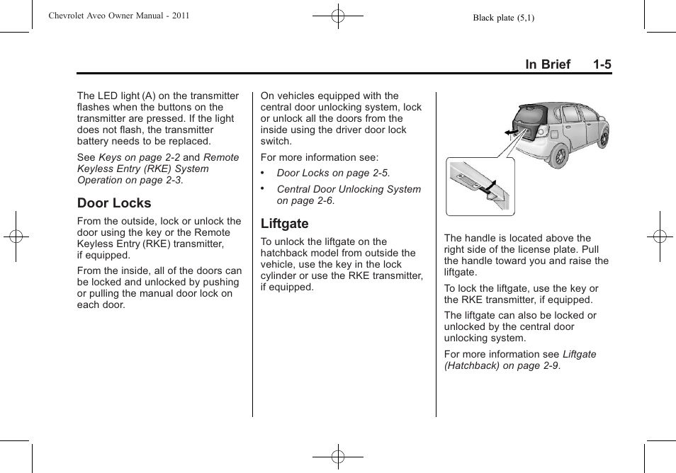 Door locks, Liftgate, Door locks -5 liftgate -5 | CHEVROLET 2011 Aveo User Manual | Page 11 / 328