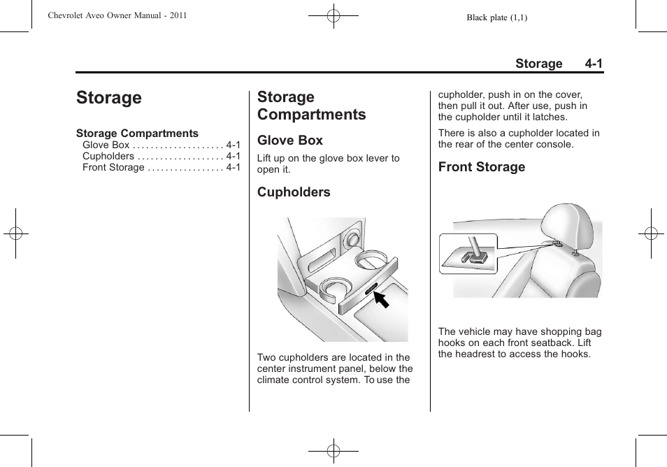 Storage, Storage compartments, Glove box | Cupholders, Front storage, Storage -1, Storage compartments -1, Driving | CHEVROLET 2011 Aveo User Manual | Page 111 / 328
