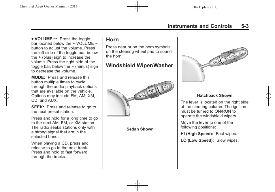 Horn, Windshield wiper/washer, Windshield wiper/washer on | Horn -3 windshield wiper/washer -3 | CHEVROLET 2011 Aveo User Manual | Page 115 / 328