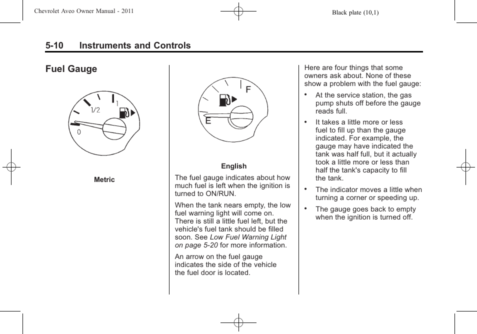 Fuel gauge, Fuel gauge -10, 10 instruments and controls | CHEVROLET 2011 Aveo User Manual | Page 122 / 328