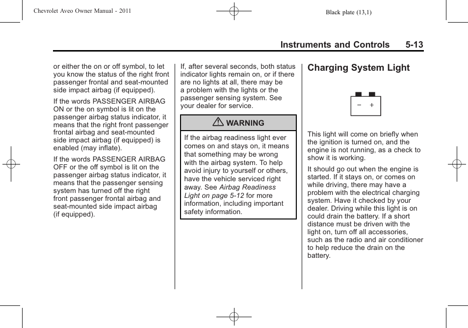 Charging system light, Charging system light -13 | CHEVROLET 2011 Aveo User Manual | Page 125 / 328