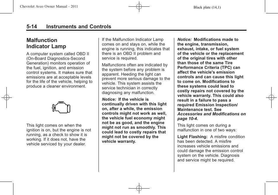 Malfunction indicator lamp, Malfunction, Indicator lamp -14 | CHEVROLET 2011 Aveo User Manual | Page 126 / 328