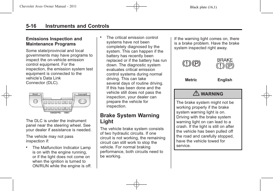 Brake system warning light, Brake system warning, Light -16 | CHEVROLET 2011 Aveo User Manual | Page 128 / 328