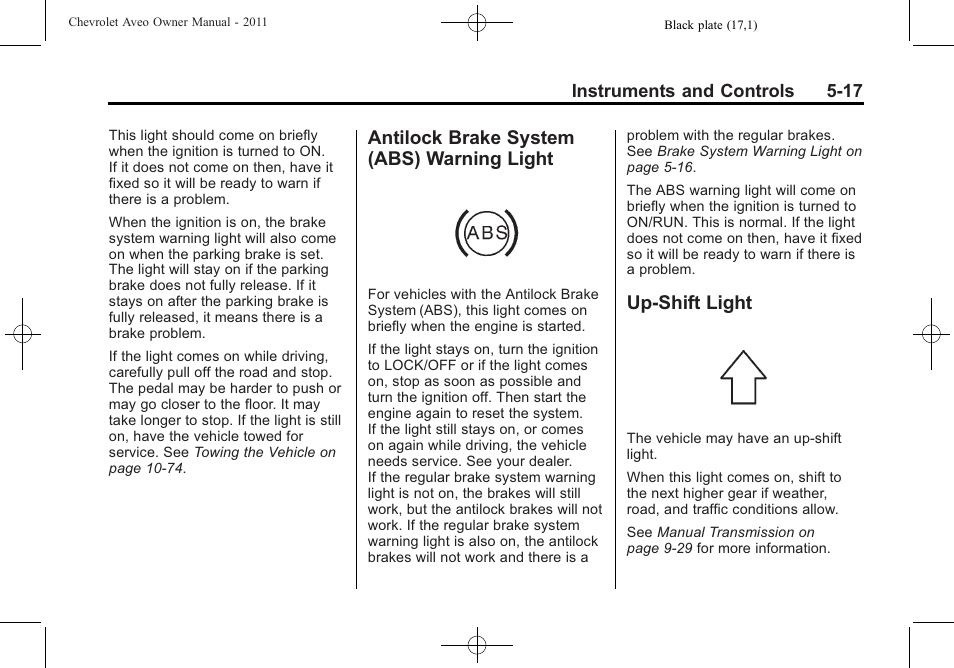 Antilock brake system (abs) warning light, Up-shift light, Antilock brake system (abs) | Warning light -17, Up-shift light -17 | CHEVROLET 2011 Aveo User Manual | Page 129 / 328