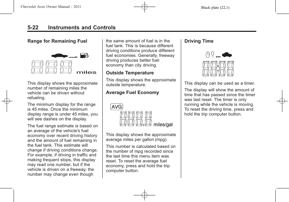 22 instruments and controls | CHEVROLET 2011 Aveo User Manual | Page 134 / 328