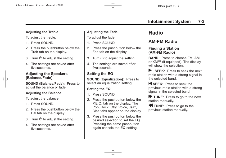 Radio, Am-fm radio, Radio -3 | Headlamp aiming -30, Am-fm radio -3, Taking | CHEVROLET 2011 Aveo User Manual | Page 143 / 328