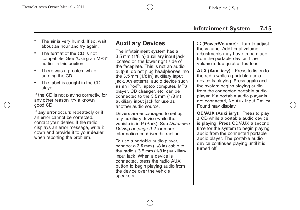 Auxiliary devices, Auxiliary devices -15, Infotainment system 7-15 | CHEVROLET 2011 Aveo User Manual | Page 155 / 328
