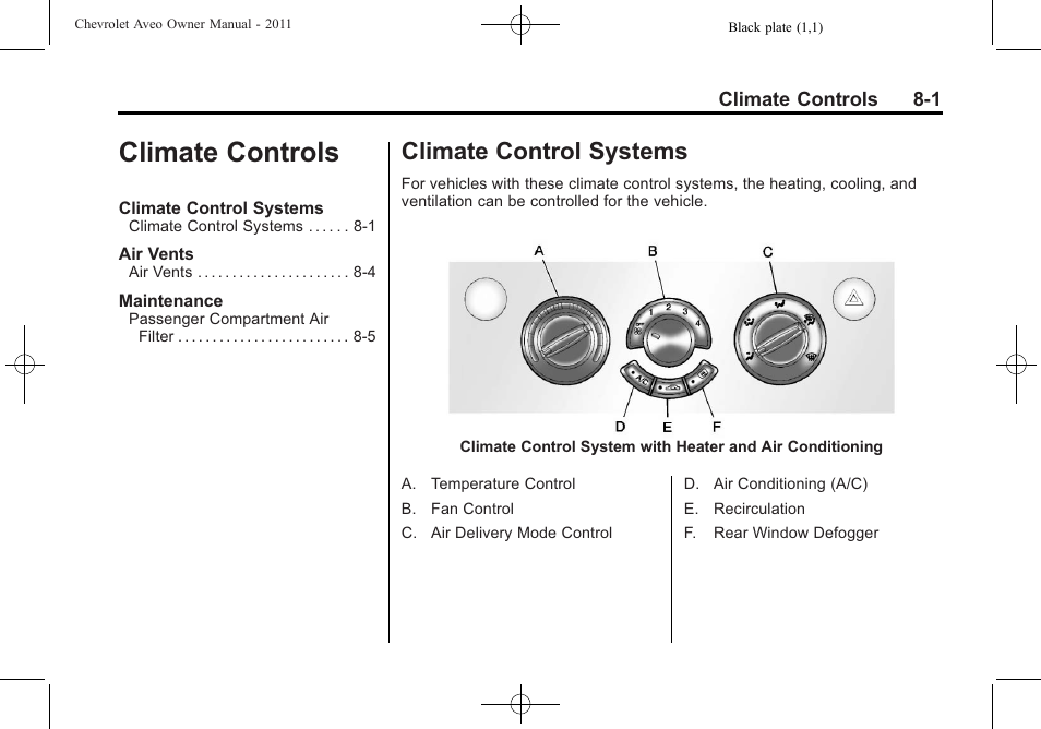 Climate controls, Climate control systems, Systems -1 | Jump | CHEVROLET 2011 Aveo User Manual | Page 157 / 328