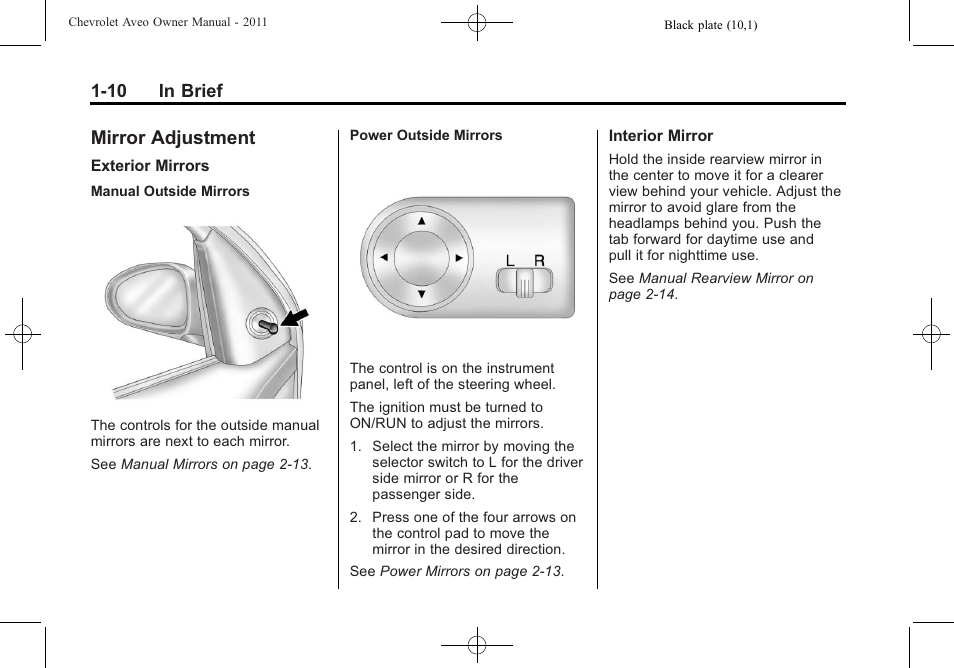 Mirror adjustment, Mirror adjustment -10, Engine | CHEVROLET 2011 Aveo User Manual | Page 16 / 328