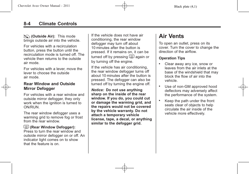 Air vents, Air vents -4, 4 climate controls | CHEVROLET 2011 Aveo User Manual | Page 160 / 328