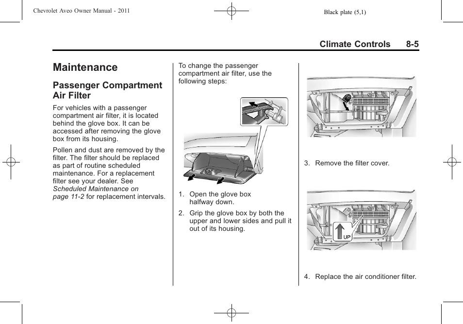 Maintenance, Passenger compartment air filter, Appearance | Passenger compartment air, Filter -5 | CHEVROLET 2011 Aveo User Manual | Page 161 / 328