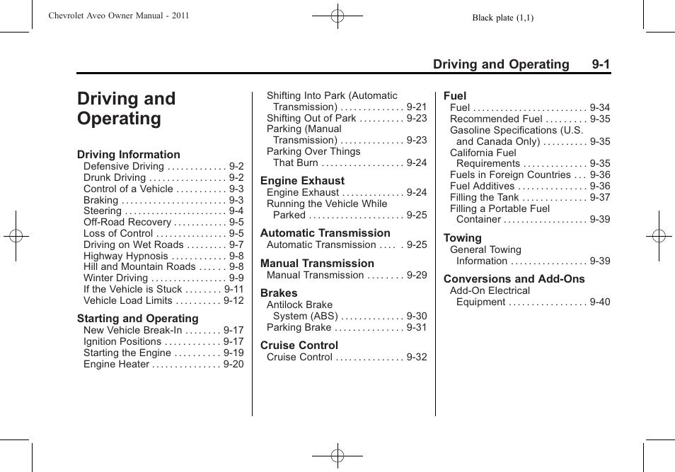 Driving and operating, Driving and operating -1 | CHEVROLET 2011 Aveo User Manual | Page 163 / 328
