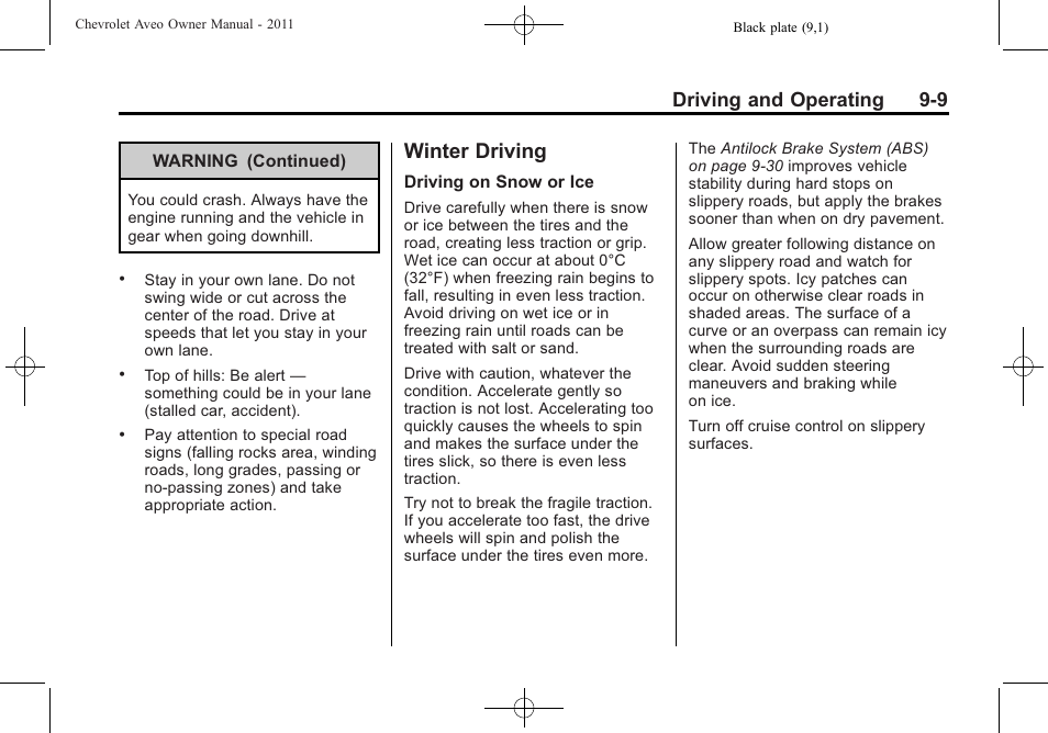 Winter driving, Winter driving -9, Manual | Driving and operating 9-9 | CHEVROLET 2011 Aveo User Manual | Page 171 / 328