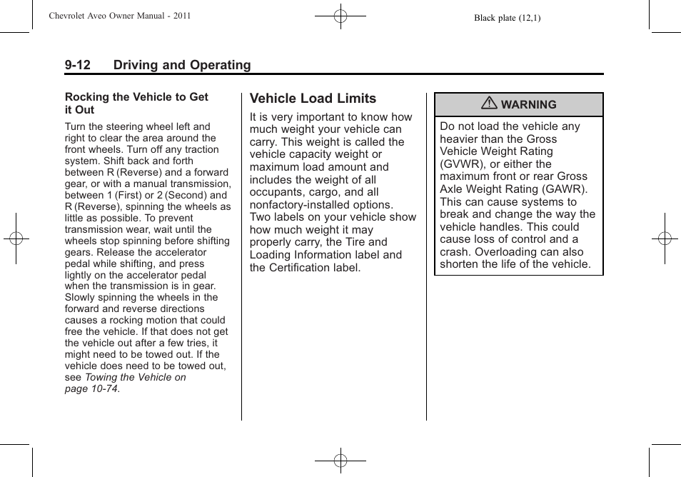 Vehicle load limits, Vehicle load limits -12, Antilock | CHEVROLET 2011 Aveo User Manual | Page 174 / 328