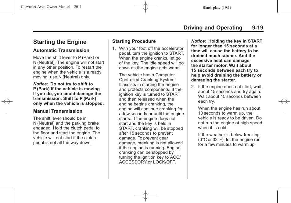Starting the engine, Starting the engine -19, Cruise | CHEVROLET 2011 Aveo User Manual | Page 181 / 328