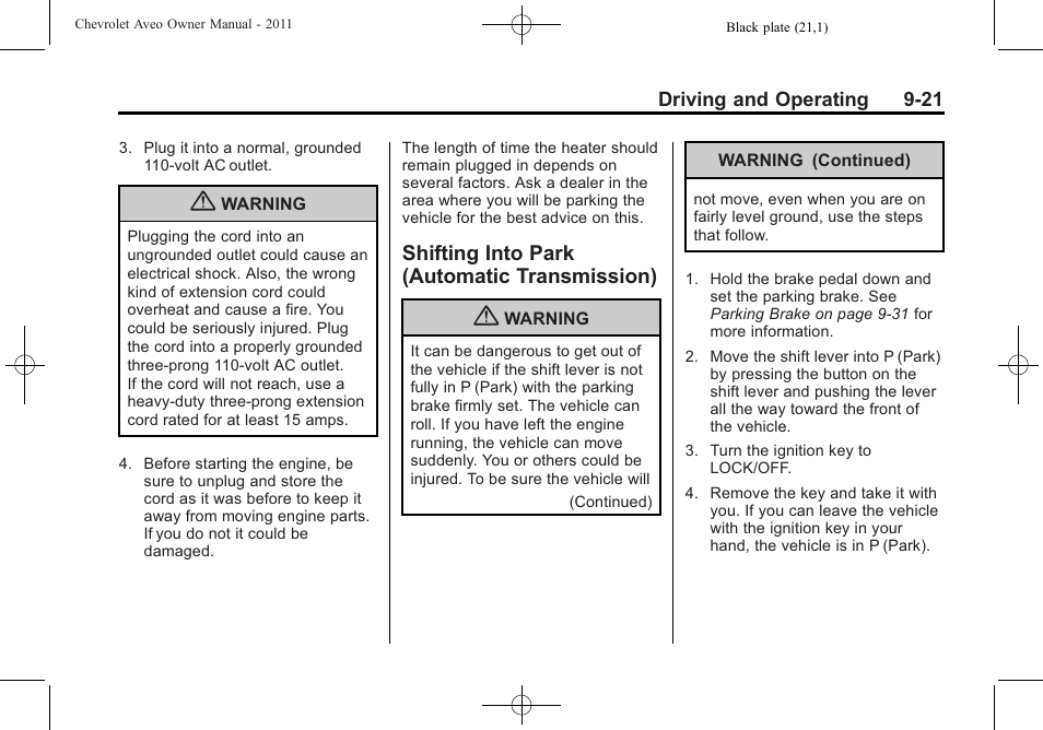 Shifting into park (automatic transmission), Shifting into park (automatic, Transmission) -21 | Fuel | CHEVROLET 2011 Aveo User Manual | Page 183 / 328