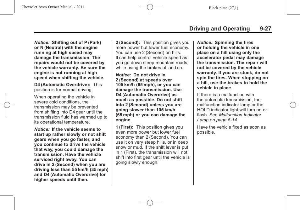 Driving and operating 9-27 | CHEVROLET 2011 Aveo User Manual | Page 189 / 328