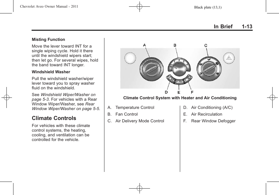 Climate controls, Climate controls -13 | CHEVROLET 2011 Aveo User Manual | Page 19 / 328