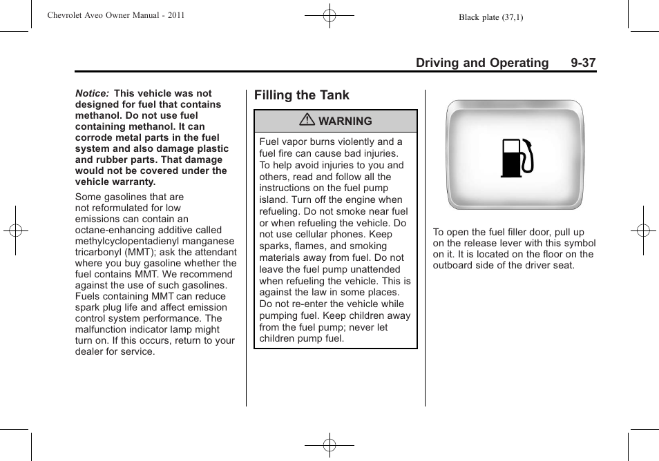 Filling the tank, Filling the tank -37 | CHEVROLET 2011 Aveo User Manual | Page 199 / 328