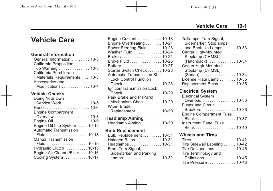 Vehicle care, Vehicle care -1, Vehicle care 10-1 | CHEVROLET 2011 Aveo User Manual | Page 203 / 328