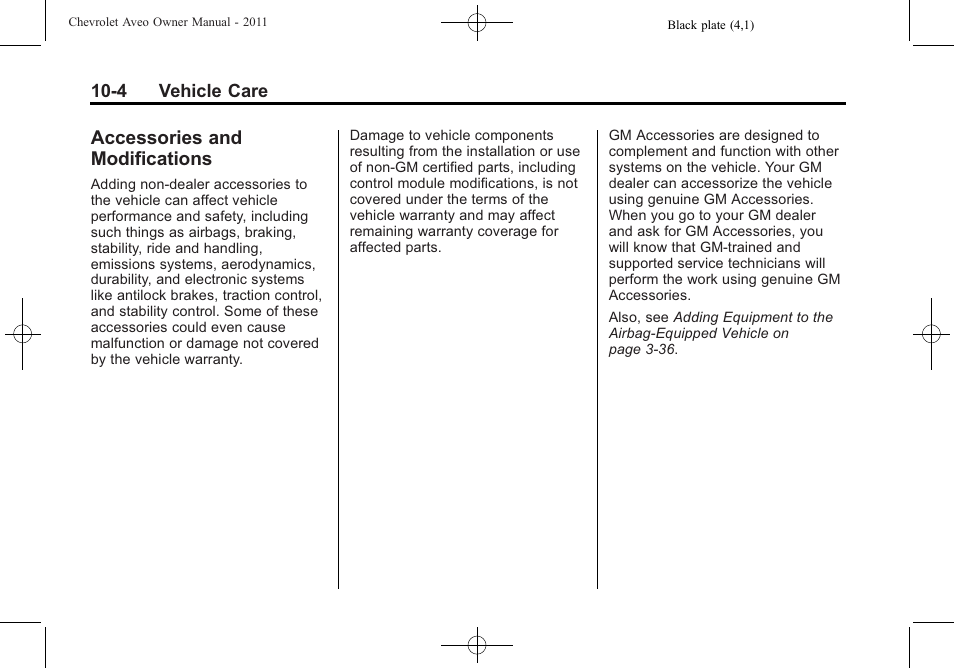 Accessories and modifications, Accessories and, Modifications -4 | CHEVROLET 2011 Aveo User Manual | Page 206 / 328