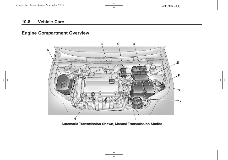 Engine compartment overview, Engine compartment, Overview -8 | CHEVROLET 2011 Aveo User Manual | Page 210 / 328