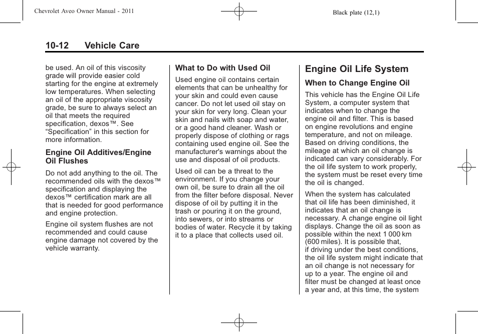 Engine oil life system, Engine oil life system -12 | CHEVROLET 2011 Aveo User Manual | Page 214 / 328