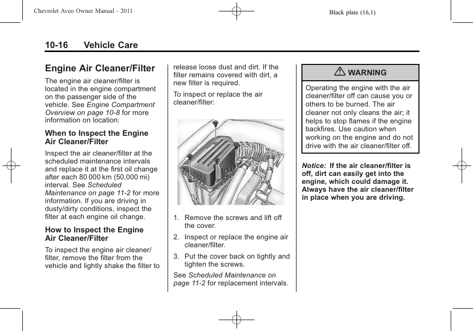 Engine air cleaner/filter, Engine air cleaner/filter -16, Engine air cleaner/filter on | CHEVROLET 2011 Aveo User Manual | Page 218 / 328