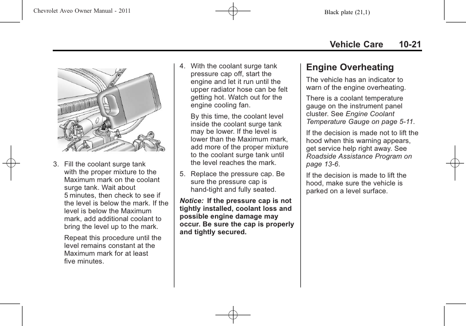 Engine overheating, Engine overheating -21, Vehicle care 10-21 | CHEVROLET 2011 Aveo User Manual | Page 223 / 328