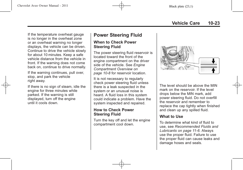 Power steering fluid, Power steering fluid -23 | CHEVROLET 2011 Aveo User Manual | Page 225 / 328
