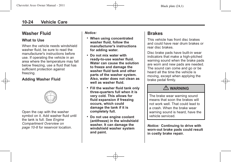 Washer fluid, Brakes, Washer fluid -24 brakes -24 | Center, Stoplamp, 24 vehicle care | CHEVROLET 2011 Aveo User Manual | Page 226 / 328