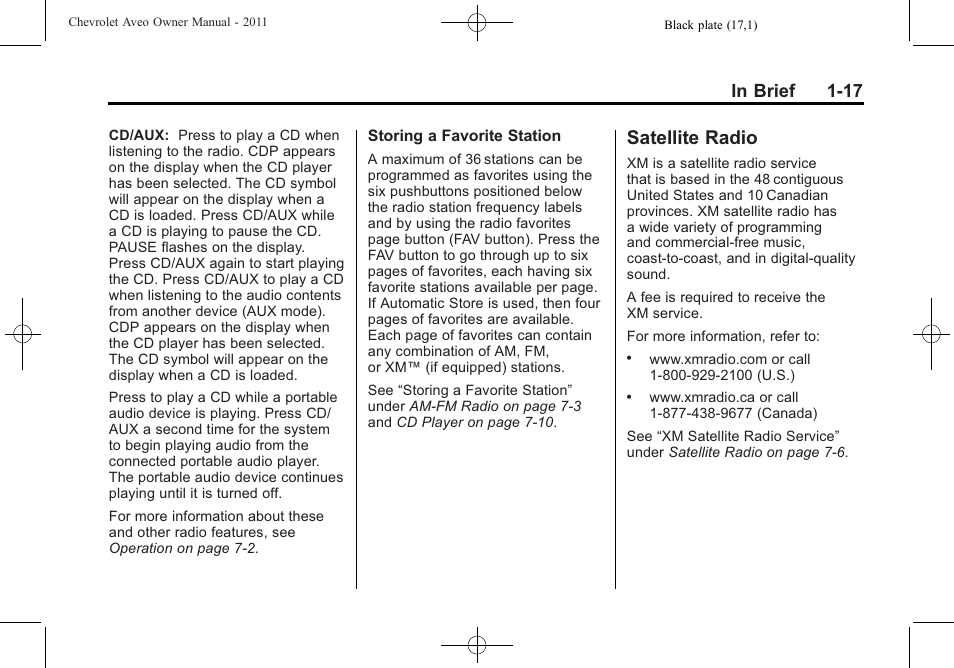 Satellite radio, Satellite radio -17 | CHEVROLET 2011 Aveo User Manual | Page 23 / 328