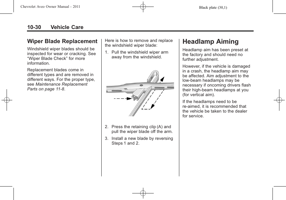 Wiper blade replacement, Headlamp aiming, Wiper blade | Replacement -30, Aiming -30 | CHEVROLET 2011 Aveo User Manual | Page 232 / 328