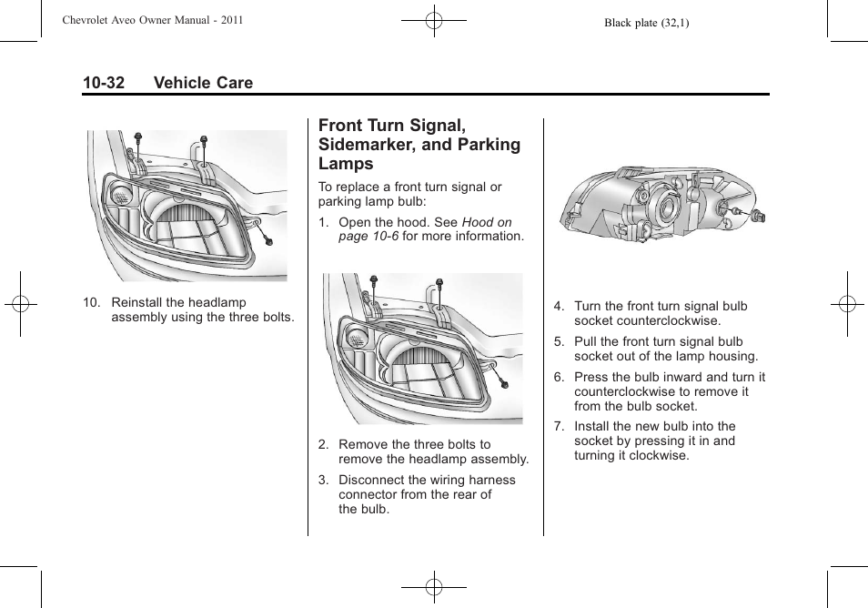 Front turn signal, sidemarker, and parking lamps, Turn signal, Sidemarker, and parking lamps -32 | 32 vehicle care | CHEVROLET 2011 Aveo User Manual | Page 234 / 328