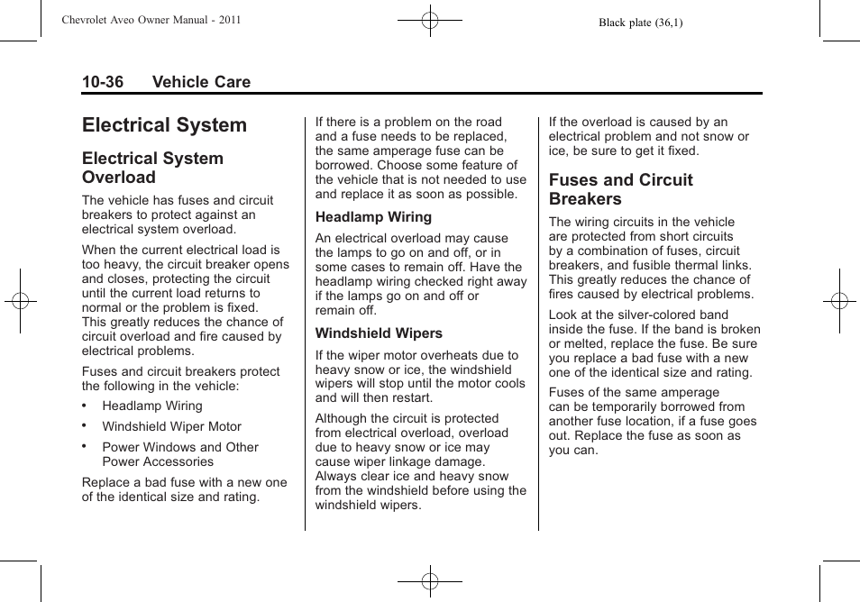 Electrical system, Electrical system overload, Fuses and circuit breakers | Electrical system -36, Overload -36, Fuses and circuit, Breakers -36, 36 vehicle care | CHEVROLET 2011 Aveo User Manual | Page 238 / 328