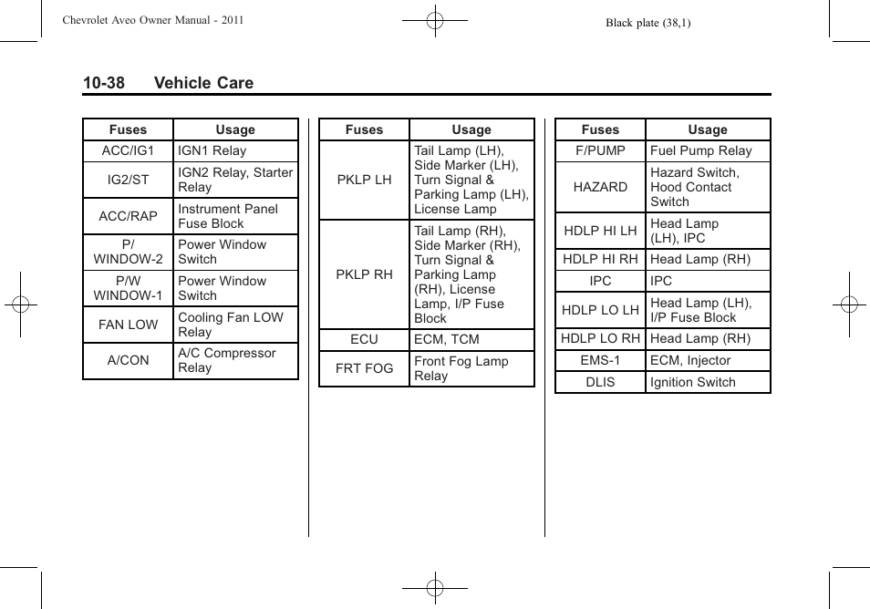 38 vehicle care | CHEVROLET 2011 Aveo User Manual | Page 240 / 328