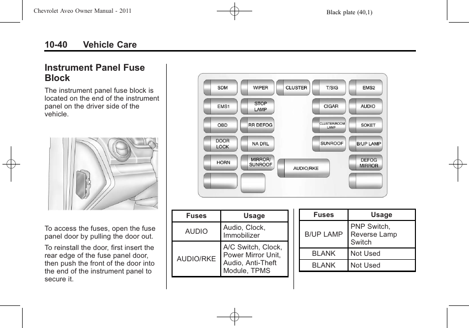 Instrument panel fuse block, Instrument panel fuse, Block -40 | 40 vehicle care | CHEVROLET 2011 Aveo User Manual | Page 242 / 328
