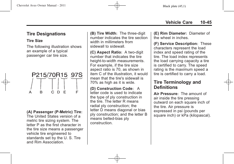 Tire designations, Tire terminology and definitions, Tire designations -45 tire terminology and | Definitions -45 | CHEVROLET 2011 Aveo User Manual | Page 247 / 328