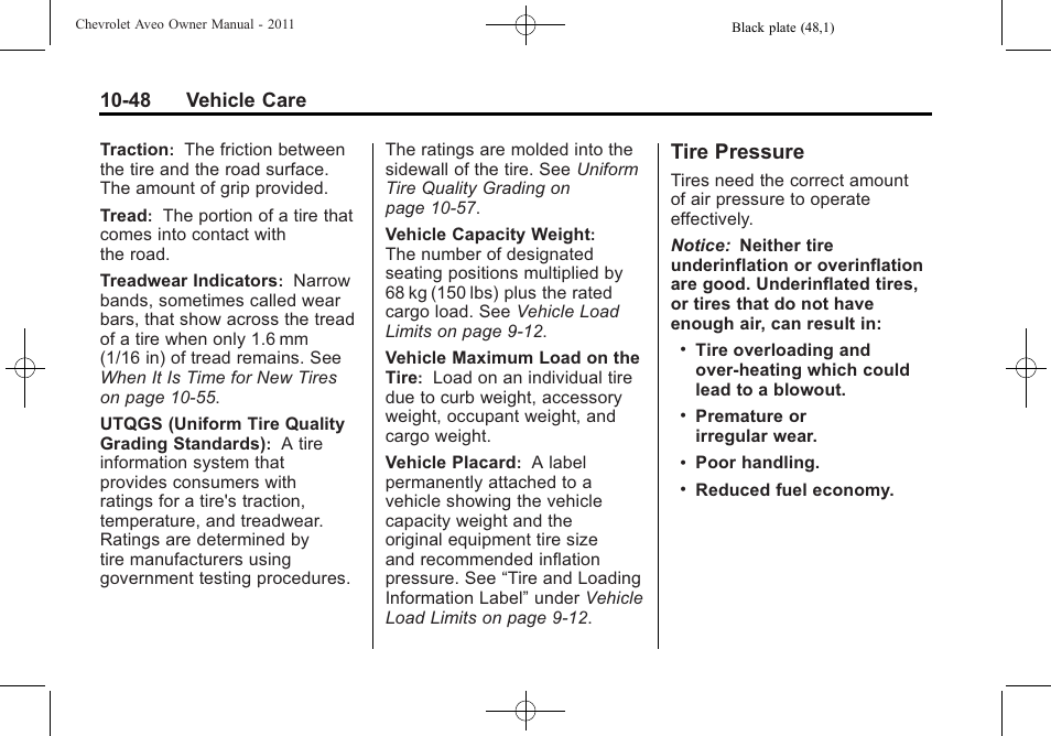 Tire pressure, Tire pressure -48, 48 vehicle care | CHEVROLET 2011 Aveo User Manual | Page 250 / 328