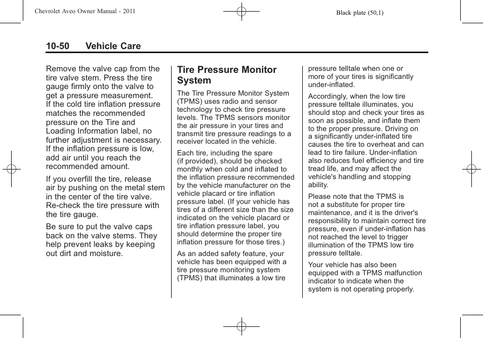 Tire pressure monitor system, Tire pressure monitor, System -50 | CHEVROLET 2011 Aveo User Manual | Page 252 / 328